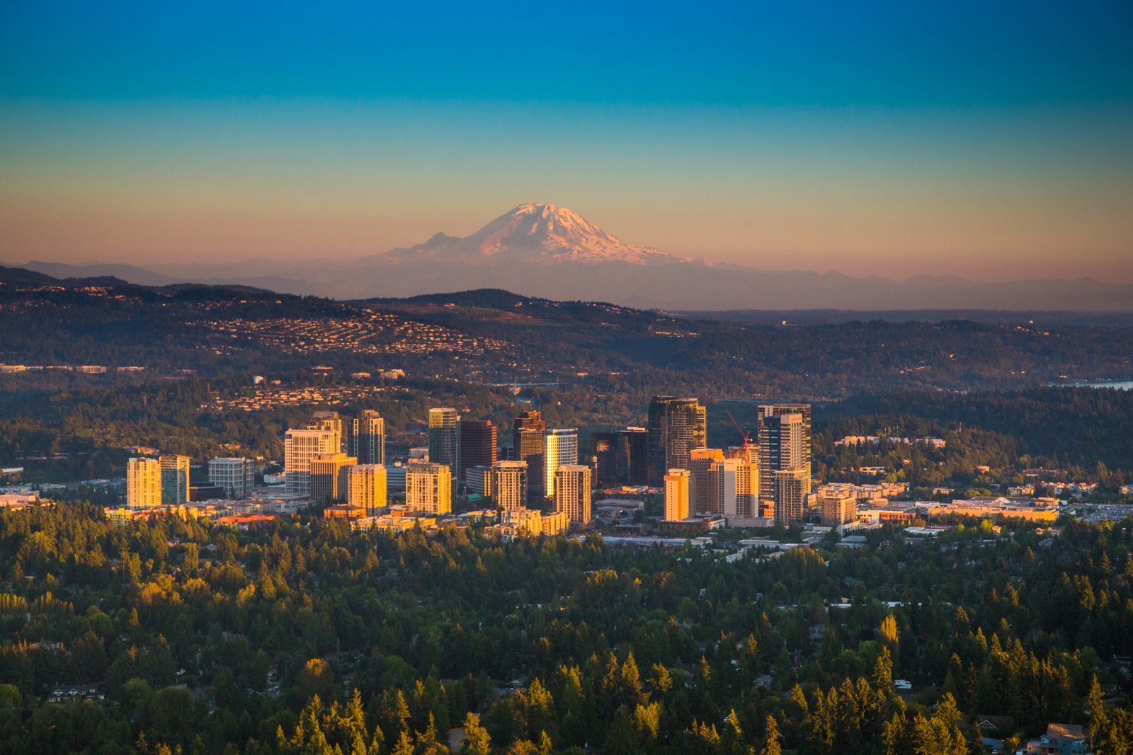 The Bellevue, Washington skyline beneath Mount Rainier
